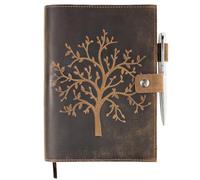moonster Refillable Vintage Leather Journal Notebook - Embossed Tree of Life Diary for Journaling, Writing & Notes - Handmade Gift for Men & Women, Includes Pen Holder, Silver Pen & A5 Lined Paper