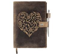 moonster Vintage Refillable Leather Journal Notebook for Journaling - Handmade Leather Bound Writing Journal with Heart Embossing, Includes A5 Lined Paper & Silver Pen - Notebook for Women & Men