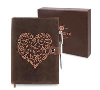 moonster Vintage Refillable Leather Journal Notebook for Journaling - Handmade Leather Bound Writing Journal with Heart Embossing, Includes A5 Lined Paper & Silver Pen - Notebook for Women & Men