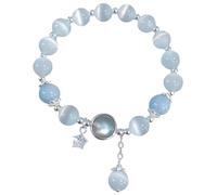 Moonstone Bracelet With Star Charm, Cat'S Eye Stones, Silver Details, 5.9 Inches Length, 0.3In Beads