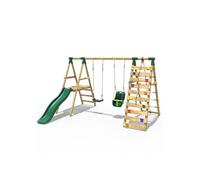 Rebo Wooden Swing Set With Deck And Slide Plus Up And Over Climbing Wall - Moonstone Green