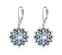 Moonstone Lotus Earrings Sterling Silver Abalone Shell Lotus Flower Dangle Drop Earrings Yoga Jewellery Gifts for Women Mom