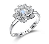 Moonstone Lotus Ring, Sterling Silver True Love Waits Engraved Lotus Flower Blossom Fidget Ring Natural Healing Buddha Spiritual Yoga Jewelry Gifts for Women (N 1/2)