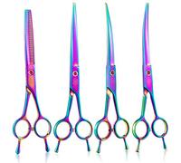 Moontay 7" Dog Grooming Scissors Set, Reversible Trimming Thinning Chunkers, Curved, Straight Cat Pet Grooming Shears with Safety Rounded Tip for Grooming Full Body (Multi-Colored)