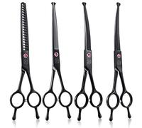 Moontay 7" Dog Grooming Scissors Set, Reversible Trimming Thinning Chunkers, Curved, Straight Cat Pet Grooming Shears with Safety Rounded Tip for Grooming Full Body (Chunker Set-Black-Rounded Tip)