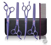 Moontay Dog Grooming Scissors Set Professional, 7 Inch Pet Grooming Scissors, 8 in 1 Straight, Curved, Thinning, Fishbone Scissors with Comb, Tension Adjuster, Cleaning Cloth and Storage Case, Purple