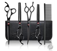 Moontay Dog Grooming Scissors Set Professional, 7 Inch Pet Grooming Scissors, 8 in 1 Straight, Curved, Thinning, Fishbone Scissors with Comb, Tension Adjuster, Cleaning Cloth and Storage Case, Black