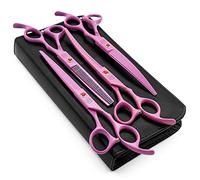 Moontay Professional 7.0" Dog Grooming Scissors Set, 4-Pieces Straight, Upward Curved, Downward Curved, Thinning/Blending Shears for Dog, Cat and Pets, JP Stainless Steel, Pink