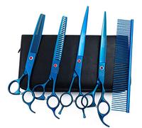 Moontay Professional Dog Grooming Scissors Set, 7/8 Inch Curved & Thinning Shears with Comb (Blue)