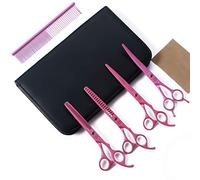 Moontay Professional Dog Grooming Scissors Set, 7/8 Inch Curved & Thinning Shears with Comb (Pink)