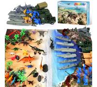 MOONTOY Army Men & Dinosaur Playset - Military Toy Figures with Tanks, Planes, Aircraft Carrier, Large Battle Mat and Accessories, Educational Role-Play Toy for Boys Girls Kids 3+