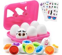 MOONTOY Color Shape Matching Eggs for Toddlers, Preschool Learning Educational Sorting Easter Eggs Toys Gift Recognition Skills Geometric Eggs Puzzle for Kids Boys Girls with Pink Eggs Holder, 6 Eggs
