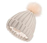 Moonumen Womens Winter Satin Lined Pom Hats Knitted Beanies with Detachable Pom Fur Hat Girls Silk Lined Winter Stretchy Warm Hat (Beige)