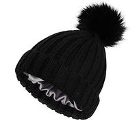 Moonumen Womens Winter Satin Lined Pom Hats Knitted Beanies with Detachable Pom Fur Hat Girls Silk Lined Winter Stretchy Warm Hat (Black)