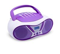 MOOOV 477404 Portable CD Player with Radio, USB, Speaker, Mini Suitcase Radio for Children and Seniors, Retro Design, MP3, Ideal for Kitchen and Children's Room, Mains Powered or Batteries, Purple