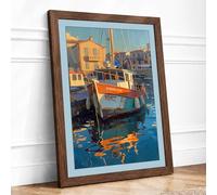 Moored Fishing Vessel Coastal Framed Wall Art Print A4 (29.7×21cm) Walnut, Wall Decor for Living Room, Bedroom, Office & Home, Ready to Hang, Art Gift