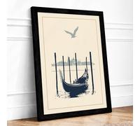 Moored Gondola Minimalist Framed Wall Art Print A2 (59.4×42cm) Black, Wall Decor for Living Room, Bedroom, Office & Home, Ready to Hang, Art Gift
