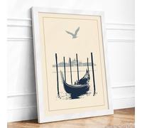 Moored Gondola Minimalist Framed Wall Art Print A3 (42×29.7cm) White, Wall Decor for Living Room, Bedroom, Office & Home, Ready to Hang, Art Gift