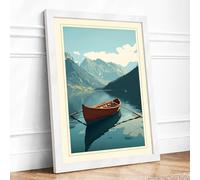 Moored in Mountains Vintage Framed Wall Art Print A4 (29.7×21cm) White, Wall Decor for Living Room, Bedroom, Office & Home, Ready to Hang, Art Gift