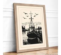Moored Tugboat Vintage Framed Wall Art Print A2 (59.4×42cm) Oak, Wall Decor for Living Room, Bedroom, Office & Home, Ready to Hang, Art Gift