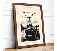 Moored Tugboat Vintage Framed Wall Art Print A3 (42×29.7cm) Walnut, Wall Decor for Living Room, Bedroom, Office & Home, Ready to Hang, Art Gift