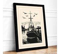 Moored Tugboat Vintage Framed Wall Art Print A4 (29.7×21cm) Black, Wall Decor for Living Room, Bedroom, Office & Home, Ready to Hang, Art Gift