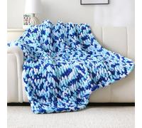 Mooreeke Chunky Knit Blanket 40"x50", Soft Chenille Throw Blanket Cozy 100% Handmade Crochet Gift Blankets with Jumbo Chenille Yarn for Couch Bed Sofa Room Decor - Blue and White
