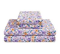 Mooreeke Floral Queen Bed Sheets, Soft Microfiber Printed Bedding Sheets & Pillowcases, Deep Pocket Non-Slip Vintage Queen Sheet, Purple Yellow Flower Pattern Bedsheets