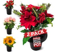 MoorGreen Fiore Artificial Grave Flower Pot Poinsettia, Holly & Cone- 2 pack - Weighted Memorial Vase for Graveside Use - Wind-Resistant Design - Realistic Silk Flowers