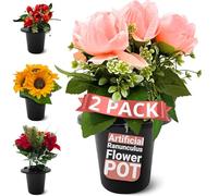 MoorGreen Fiore Artificial Grave Flower Pot Ranunculus - 2 pack - Weighted Memorial Vase for Graveside Use - Wind-Resistant Design - Realistic Silk Flowers