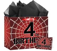 MOORIIY Spider 4th Birthday Gift Bag with Card and Wrapping Paper, Spider 4th Birthday Wrapping Paper Bag for Boys Red Black 4 Years Old Spider Web Bdy Decorations Supplies 11.8 x 9.4 x 5.3 inches