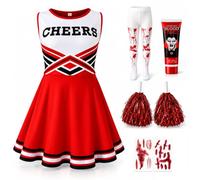 Moorlan Girls Zombie Cheerleader Halloween Costume, Horror High School Cheer Fancy Dress Set with Pom Poms, Red Tights, Fake Blood Complete Kids Halloween Dress Up Outfit