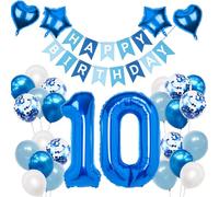Moorle 10th Birthday Decorations for Boys, Blue Age 10 Balloon, Blue 32 Inch Number 10 Foil Balloons with Happy Birthday Banner, Star Confetti Balloon for 10th Party Boy
