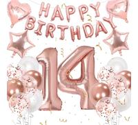 Moorle 14th Birthday Decorations for Girls, Rose Gold 14th Birthday Decorations, Rose Gold 32 Inch Number 14 Foil Balloon with Banner, Star Confetti Balloon for 14 Party Deko