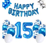 Moorle 15th Birthday Decorations for Boys, Blue Age 15 Balloon, Blue 32 Inch Number 15 Foil Balloons with Happy Birthday Banner, Star Confetti Balloon for 15th Party Boy