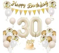 Moorle 30th Birthday Decorations - Sand White Gold Balloons for Women, Happy Banner With Cake Toppers, Beige Gold Latex Confetti Balloons for Party