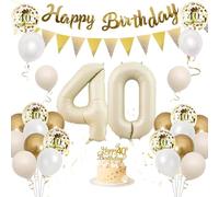 Moorle 40th Birthday Decorations - Sand White Gold Balloons for Women, Happy Birthday Banner With Cake Toppers, Beige Gold Latex Confetti Balloons for Party