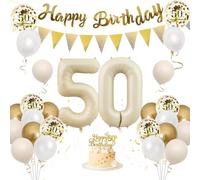 Moorle 50th Birthday Decorations, Sand White Gold, Happy 50th Birthday Banner, Cake Toppers, Beige Gold Latex Confetti Balloons