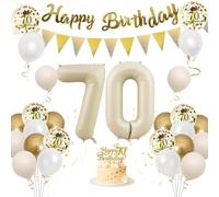 Moorle 70th Birthday Decorations - Gold Balloons, Banner, Cake Toppers & Confetti for 70th Party