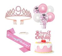 Moorle 9th Birthday Decorations for Girls, Pink 9th Birthday Crown Rhinestone Tiara and Sash Set, Cake Topper for 9 Year Old Girls, Balloons for 9 Party