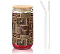 Moose Bear Deer Printing 16oz Drinking Glasses with Lids and Straws,Cute Water Glasses for Juice,Beer,Coffee,Tea