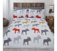 Moose Brushed Cotton Cute Cosy Duvet Quilt Cover Set Bed Linen Silver/Grey Ochre
