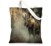 Moose Canvas Tote Bags, Nature Wildlife Design Reusable Shopping Bags, Rustic Outdoor Lightweight Washable Shoulder Strap Canvas Bags for Gym Travel Beach Picnic 13x15 Inch