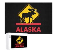 Moose Crossing Alaska Funny Wooden Puzzle Adults Difficult Jigsaw Puzzles with Storage Box for Family Game Birthday Gift