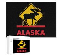 Moose Crossing Alaska Funny Wooden Puzzle Adults Difficult Jigsaw Puzzles with Storage Box for Family Game Birthday Gift