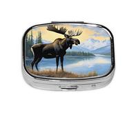Moose Cute Deer Print Pill Box 2 Compartment Medicine Pill Case,Portable for Pocket Or Purse Pill Box Decorative Metal Medicine Organizer
