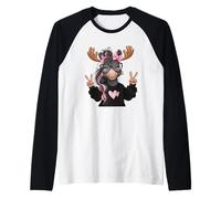 Moose Deer Girl Double Peace Sign Glasses Bow Pop Graphic Raglan Baseball Tee