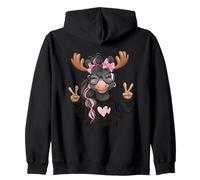 Moose Deer Girl Double Peace Sign Glasses Bow Pop Graphic Zip Hoodie