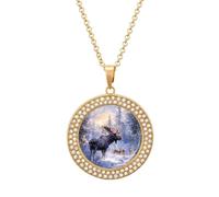 Moose Deer Wildlife Snowy Forests Mountain Diamond Necklace Cute Pendant Necklace