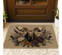 Moose Floral Doormat, Violet and Yellow Entrance Mat for Outdoor & Indoor Decor, Rustic Style, Rubber Waterproof Non-Slip Dust Absorbent Doormats, Easy Clean 29x17 Inch